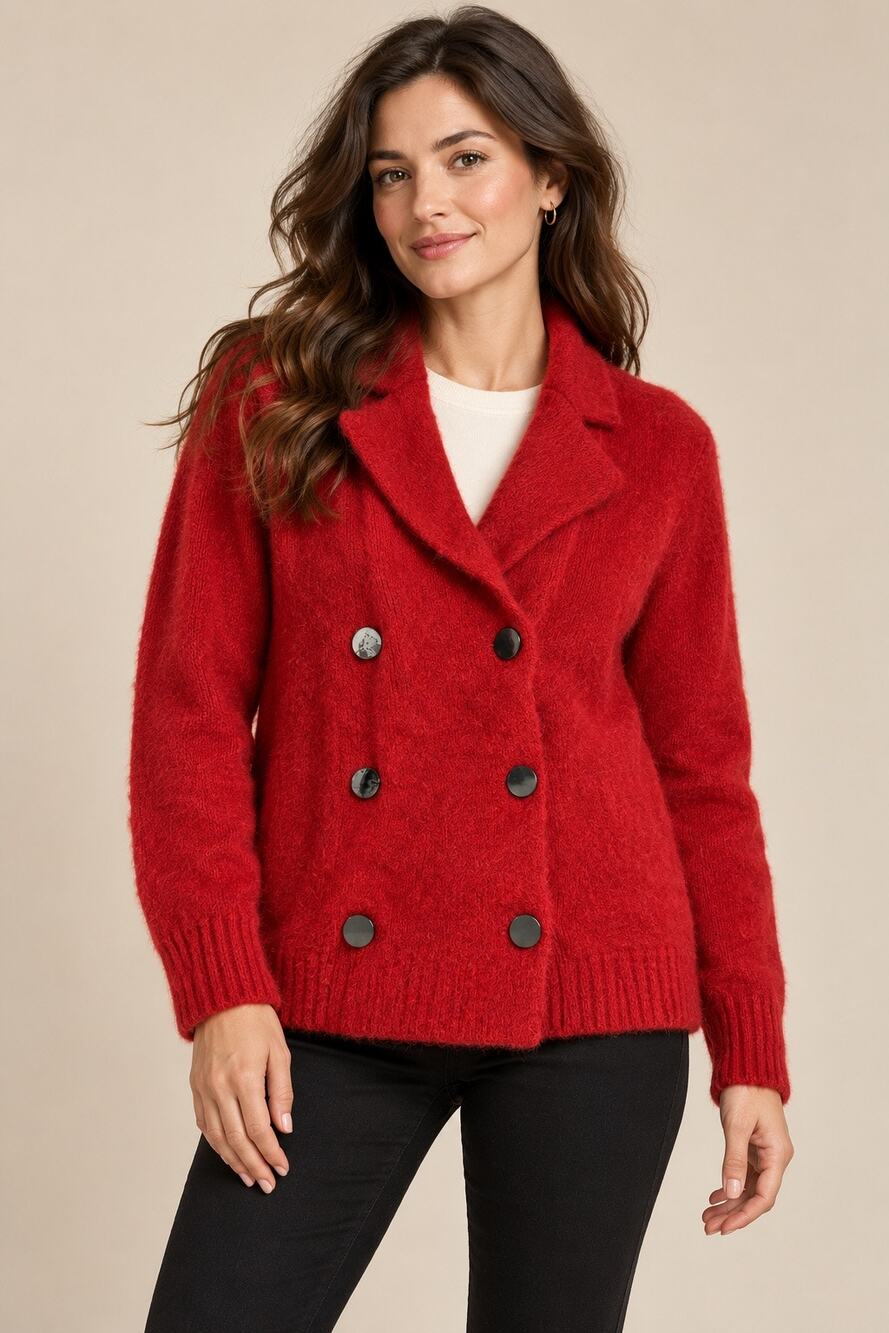 Saltaire Red Alpaca Merino Wool Blend Double Breasted Cardigan Small